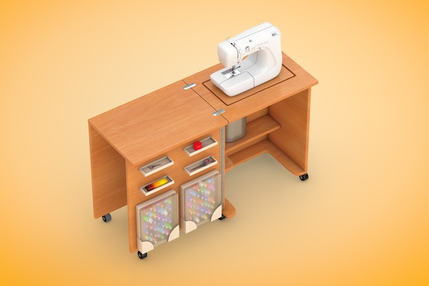 Sewing Machine on Tailor Workshop Wooden Table on an orange background. 3d Rendering