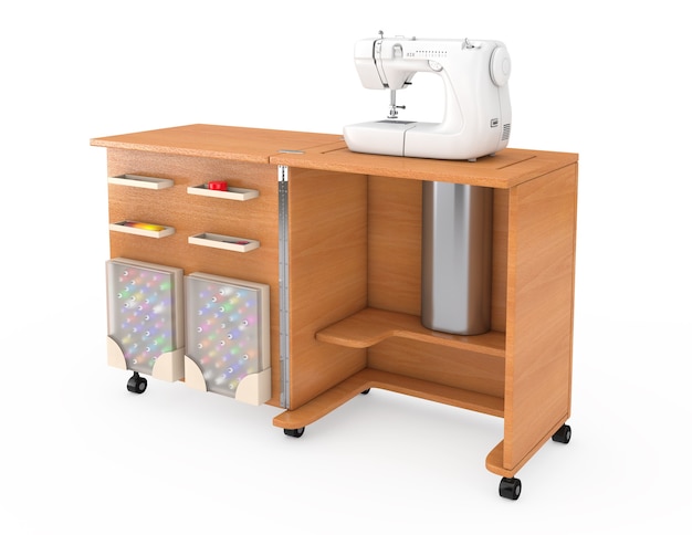 Sewing Machine on Tailor Workshop Wooden Table on a white background. 3d Rendering