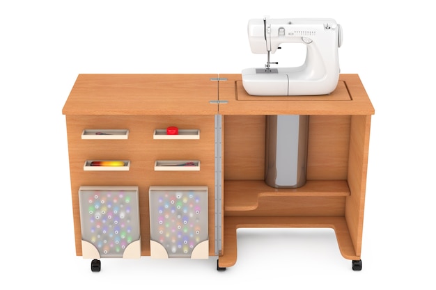 Sewing Machine on Tailor Workshop Wooden Table on a white background. 3d Rendering