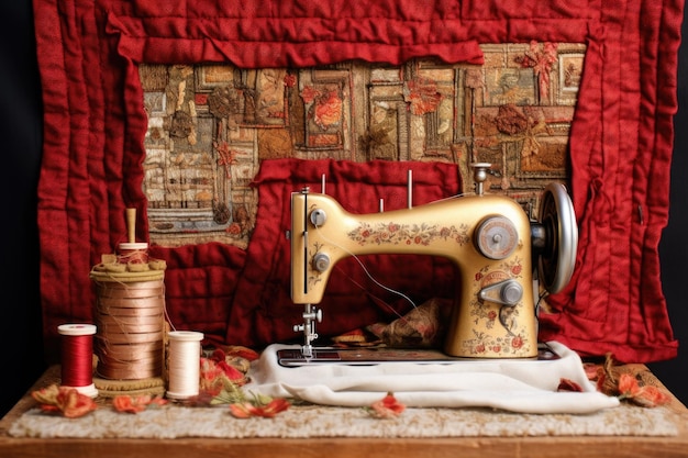 Photo sewing machine with intricate embroidery work in progress created with generative ai