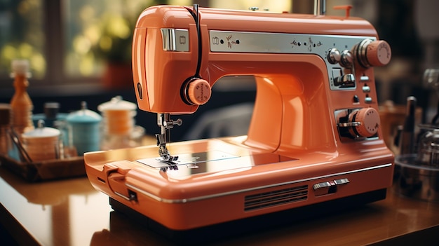 Sewing machine on wooden tablegenerative ai