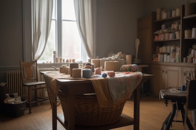 Sewing room with basket of fabric and tools on the table created with generative ai