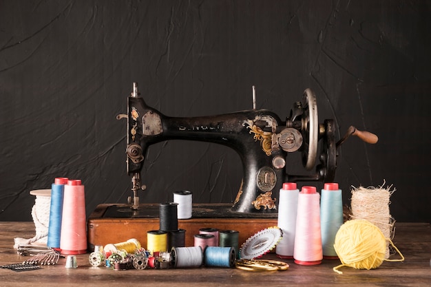 Sewing supplies near retro machine