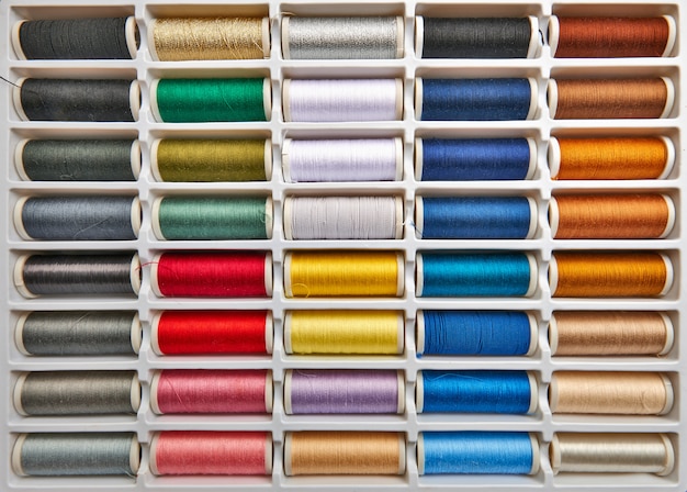 Sewing threads multicolored background closeup