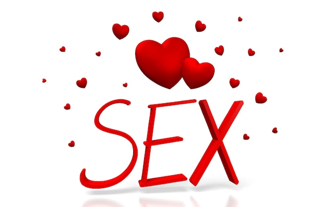 Sex word and red hearts on white background