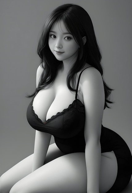 Sexy asian woman in black lingerie monochrome