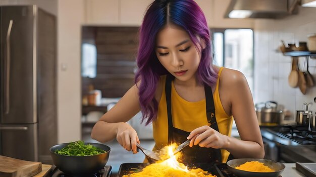 写真 セクシーなアジア人女性 料理の背景はとてもクールです