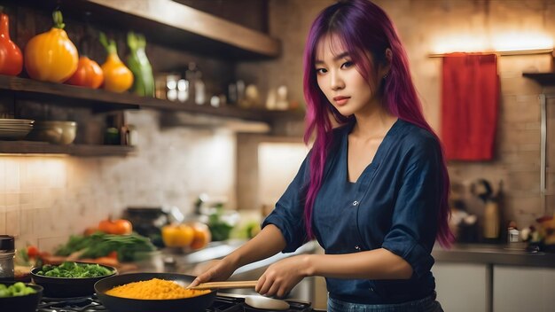 写真 セクシーなアジア人女性 料理の背景はとてもクールです