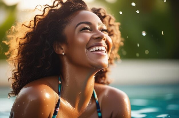 セクシーな黒人女性がビキニを着てプールで笑っている 夏の休暇 日光浴の休暇