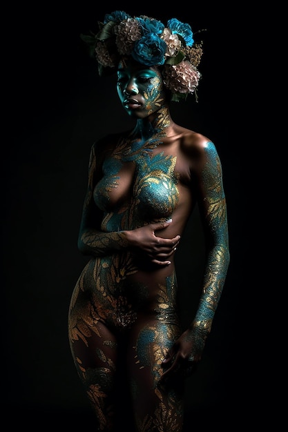 Photo sexy black woman posing with abstract painted on her body generative ai