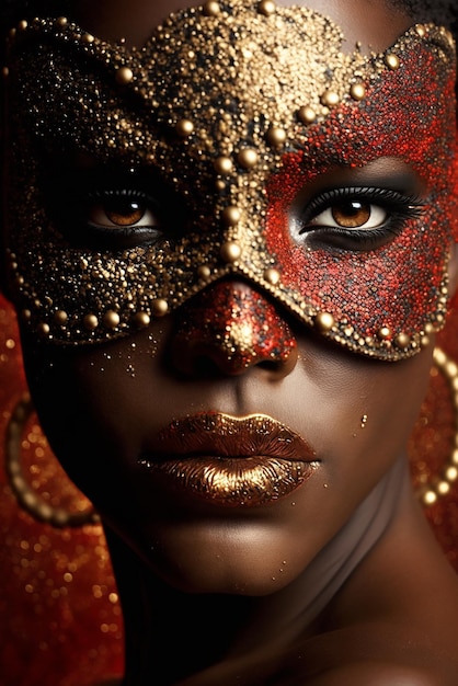 Sexy black woman wearing a carnival mask red and golden color generative ai