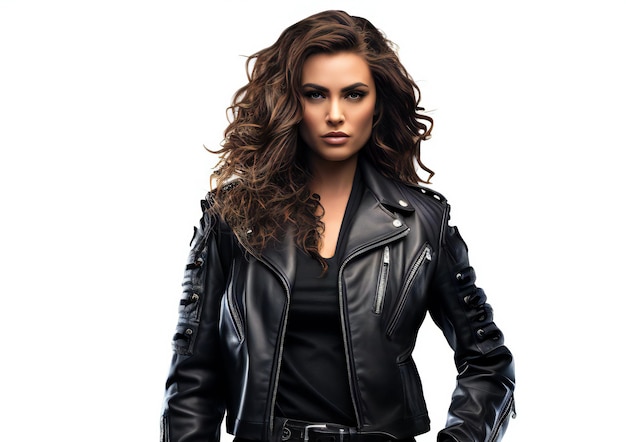 Sexy brunette woman in leather jacket isolated on white background
