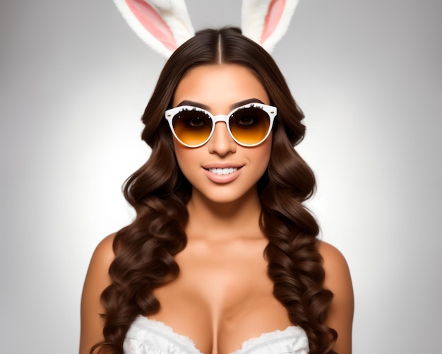 회색 배경에 토끼 귀와 선글라스를 착용한 섹시한 갈색 머리 여자