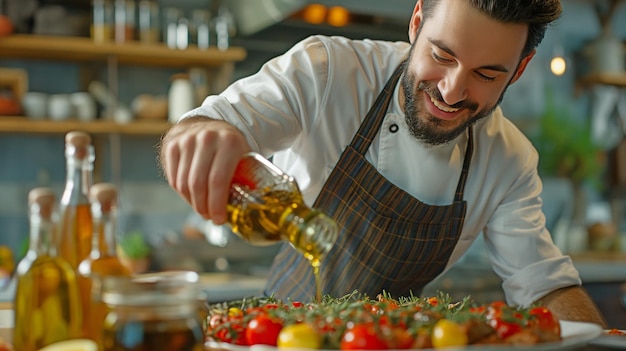 sexy chef adding olive oil to food