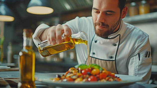 sexy chef-kok die olijfolie toevoegt aan eten