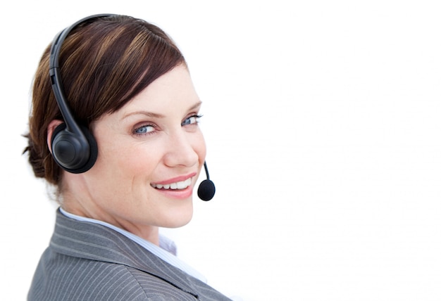 Photo sexy customer service representative using headset
