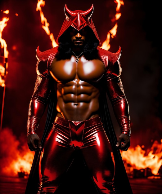 Sexy devil in leather suit with horns on a dark background
