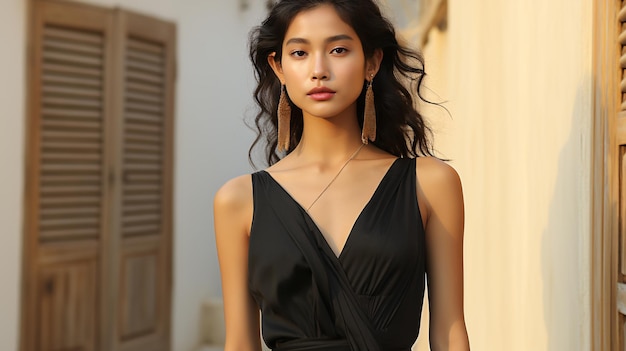 セクシーなエキゾチックなファッションモデル アジア人 長い黒いファッション服と黒い