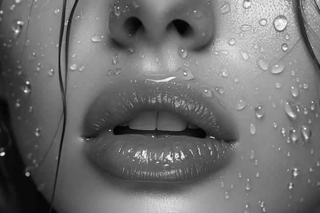 Sexy female lips in the rain closeup beautiful perfect makeup macro