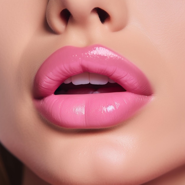Sexy female lips with pink lipstick closeup Seductive lady mouth open