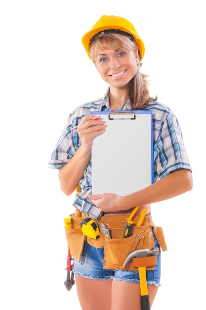 Sexy female worker showing clipboard with blank sheet