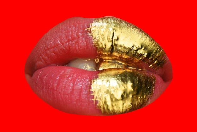 Sexy girl golden red lips gold mouth glowing gold skin makeup glitter metallic shine golden lipgloss