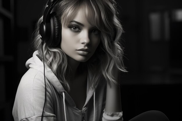 Sexy girl in headphones in dark style