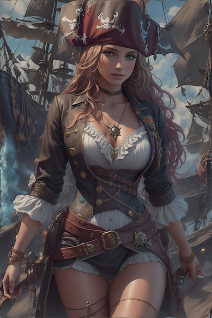 Sexy girl leading pirates on giant ships