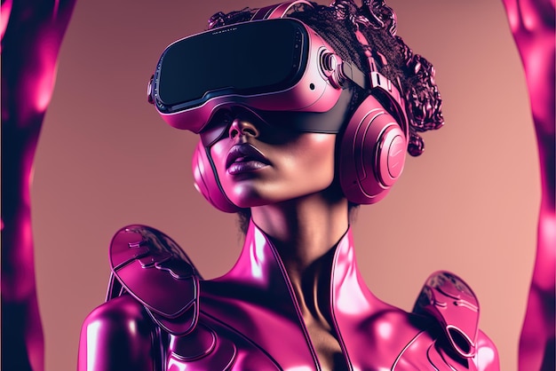 Sexy girl wearing VR glasses futuristic fashion style generative AI