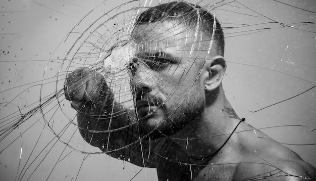 Foto uomo tatuato ispanico sexy dietro il foro di proiettile di vetro rotto nella distruzione del vetro e nel test di schiacciamento