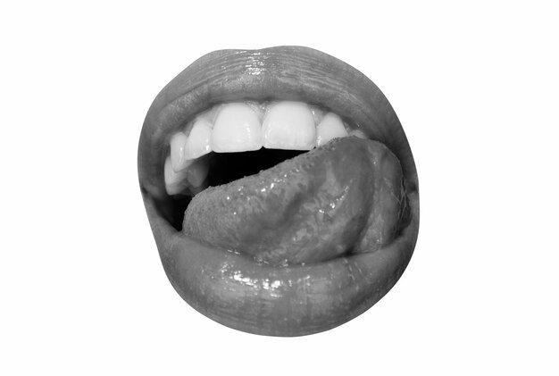 赤い女性の唇と白に隔離された舌のアイコンで口を開けるセクシーな舐める唇