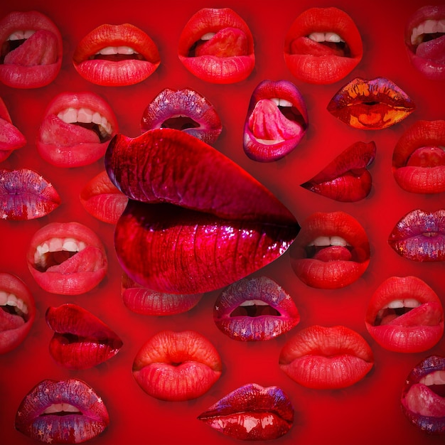 Сексуальные губы, чувственный баннер губ на красных губах и рот, женская губа на красном фоне, женские губы