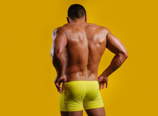 Sexy male back the back view of torso of attractive male body\
builder on yellow background rear view