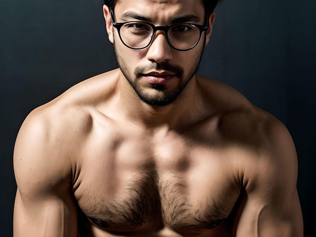 Sexy man met bril en gezichtshaar en harige borst spierillustratie