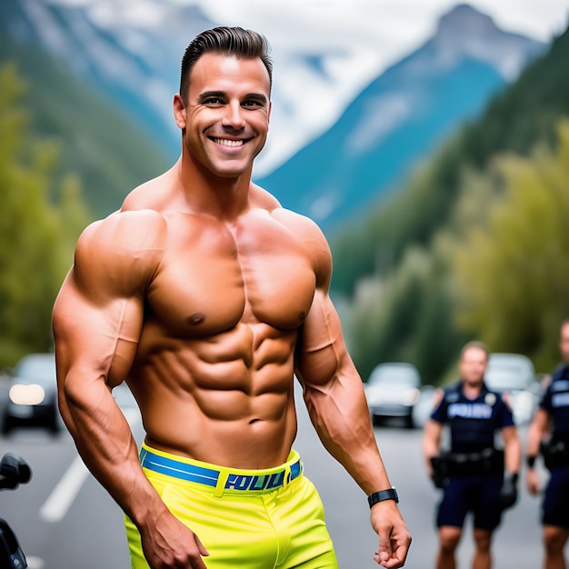 Sexy Muscular Bodybuilder with Police Officers and Mountainous Background Realistic Illustration