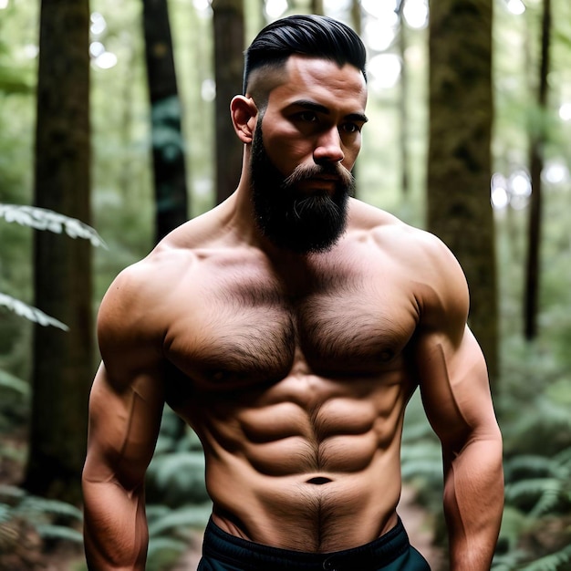 Sexy Muscular Shirtless Guy with Beard Looking at Camera in The Forest Illustration