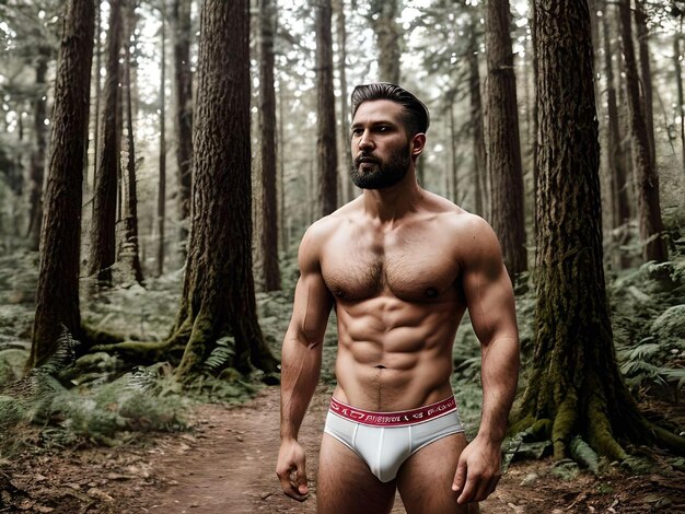 Sexy Muscular Shirtless Guy with Underwear and Beard in Forest Illustration