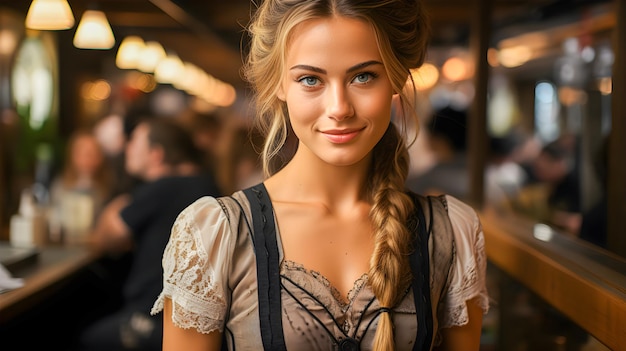 Photo sexy oktoberfest waitress blonde woman with blue eyes dressed in a traditional bavarian dirndl dress in a german tavern during oktoberfest beer festival