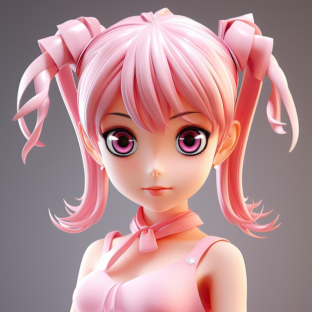 sexy pink anime girl with big eyes pony tail hair illustration