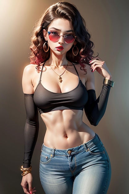 Sexy plat model meisje draagt bruine zonnebril en jeans mooie jonge wallpaper achtergrond