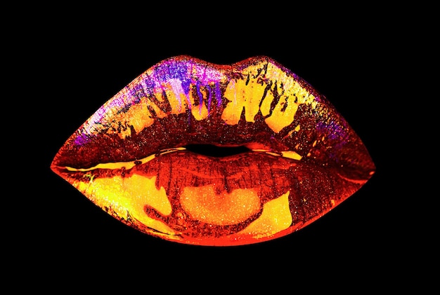 Sexy plump lip Neon rainbow lipstick colour gold mouth Isolated on black background