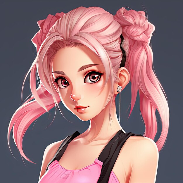 sexy roze anime meisje met grote ogen pony staart haar illustratie