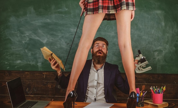 School Teacher Sixi Videos - Premium Photo | Sexy school girl students with long legs seductive  professor teacher in classroom at school dominati