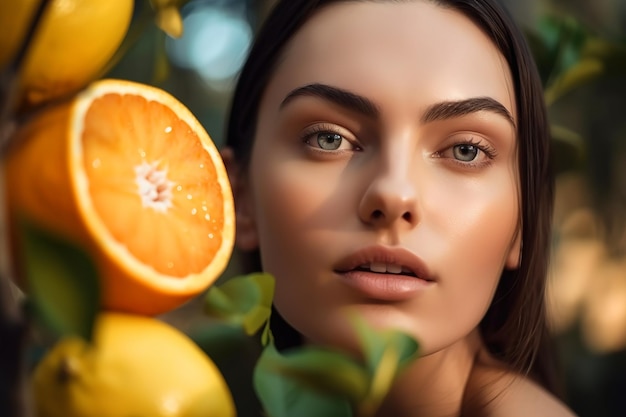 섹시하고 관능적인 백인 모델과 과일 에코 스킨 및 헤어 케어 개념을 갖춘 오렌지 나무 화창한 날 카메라를 보고 감귤류 과수원에 있는 예쁜 여성의 초상화 Generative AI