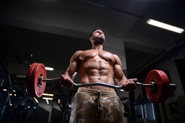 Sexy sterke bodybuilder atletische mannen oppompen van spieren met halters