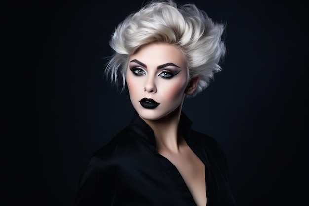 The sexy strict woman with makeup and a fashionable hairstyle poses in studio on black background