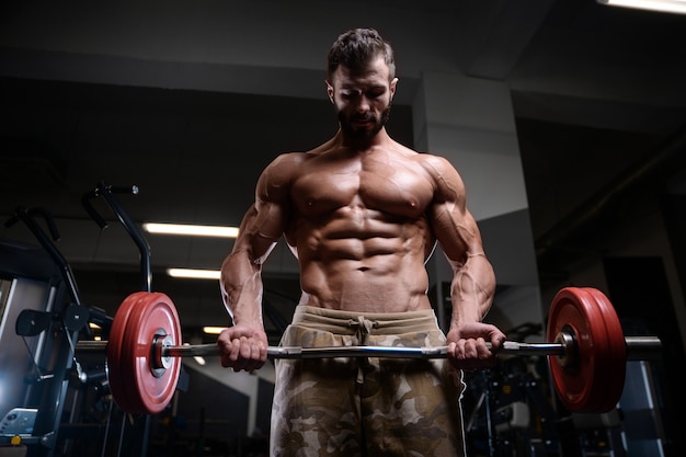 Sexy strong bodybuilder athletic men pumping up muscles with dumbbells