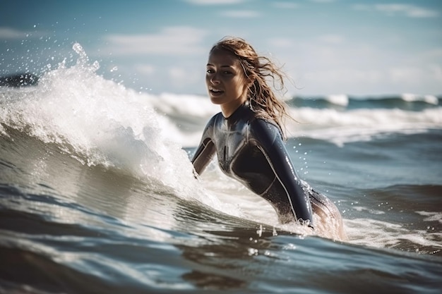 Sexy surfer girl swims on surfboard on waves of sea in summer Generative AI