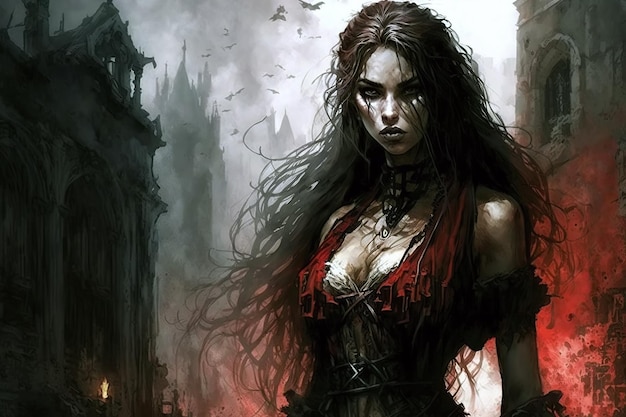 Premium AI Image | Sexy vampire girl in a red dress at night in city  Generative AI illustration