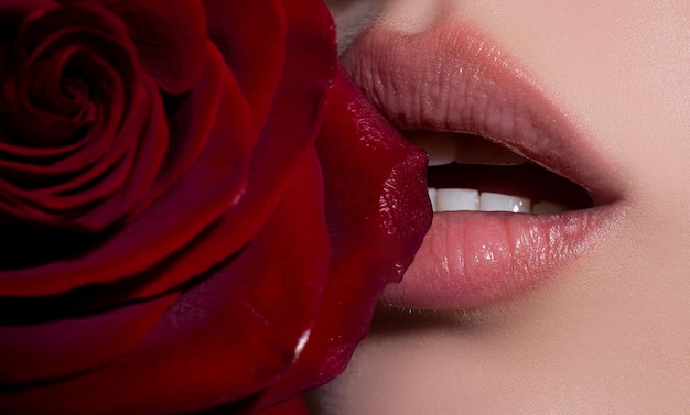 Sexy volle lippen met rode roos Lipgloss en damesmond Sensuele lippen